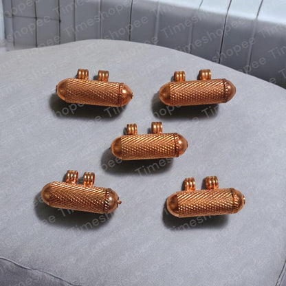 Set of five Pure Copper Metal Taweez amulets, each 21.3mm in diameter, with a free Bhojpatra sheet. Features a warm copper color and easily openable design.