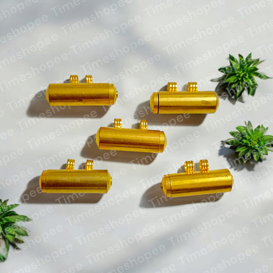 Set of five pure brass taweez amulets in golden color with a Bhojpatra sheet, highlighting their elegant design and spiritual purpose.