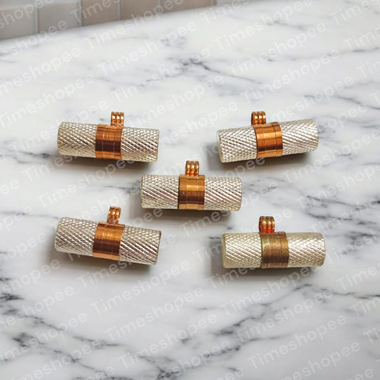 Set of five silver and copper taweez amulets in copper color, with a Bhojpatra sheet, showcasing their design and spiritual significance.