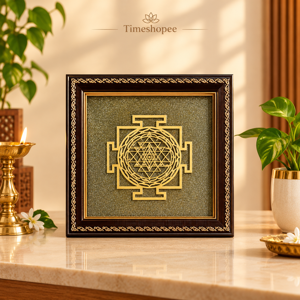 Shree Yantra on Raw Pyrite Wall Frame – 7x7 Inch Wooden Vastu Photo Frame for Home, Office, and Pooja Room Decor