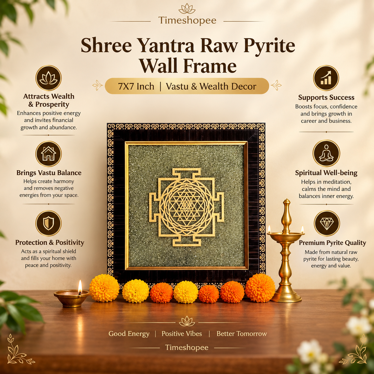 Shree Yantra on Raw Pyrite Wall Frame – 7x7 Inch Wooden Vastu Photo Frame for Home, Office, and Pooja Room Decor