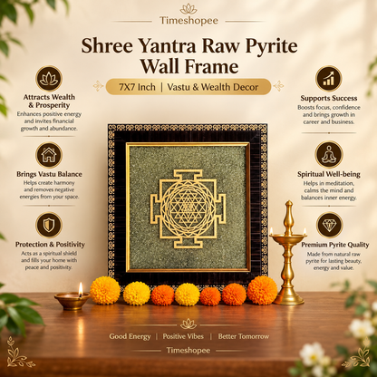 Shree Yantra on Raw Pyrite Wall Frame – 7x7 Inch Wooden Vastu Photo Frame for Home, Office, and Pooja Room Decor
