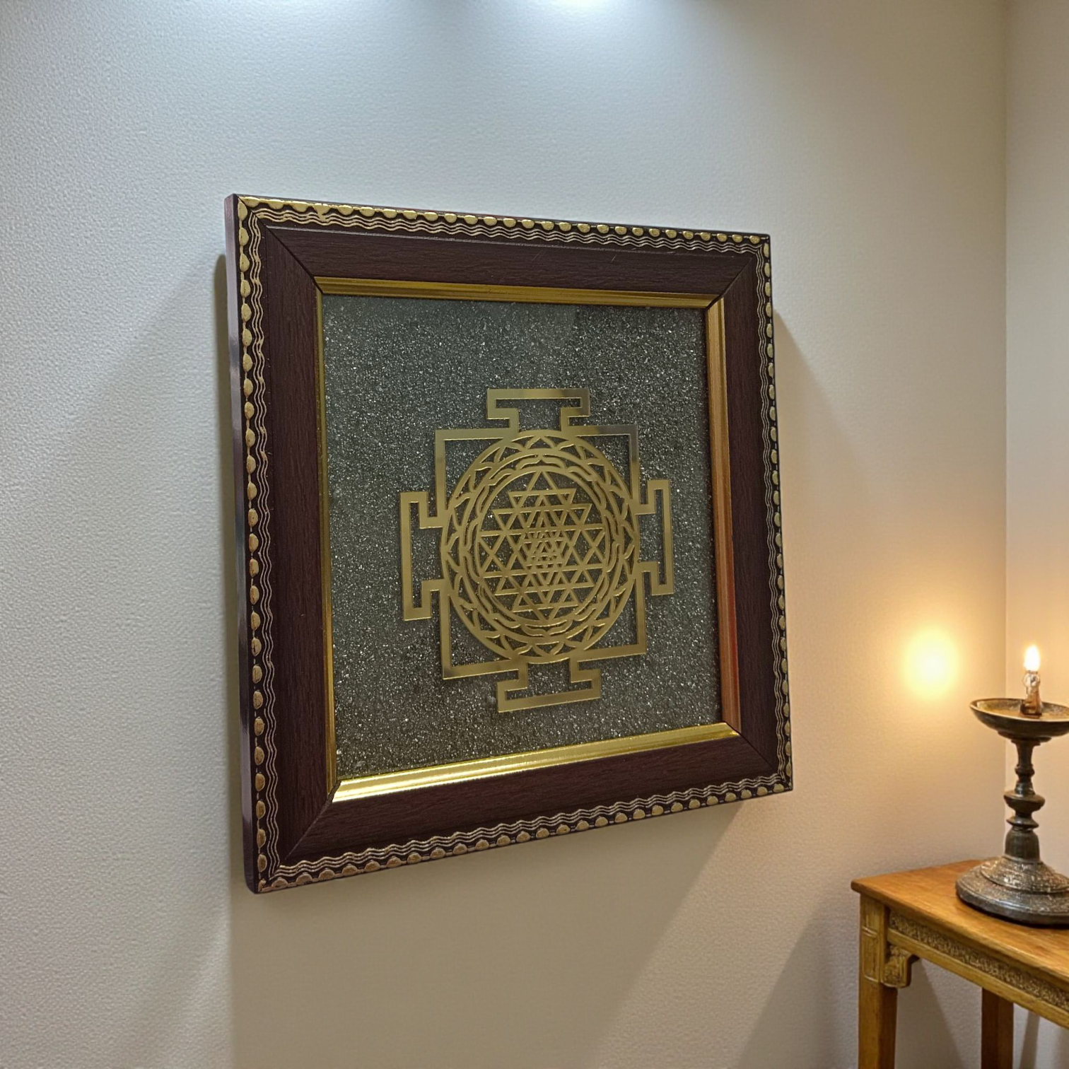 Shree Yantra on Raw Pyrite Wall Frame – 7x7 Inch Wooden Vastu Photo Frame for Home, Office, and Pooja Room Decor
