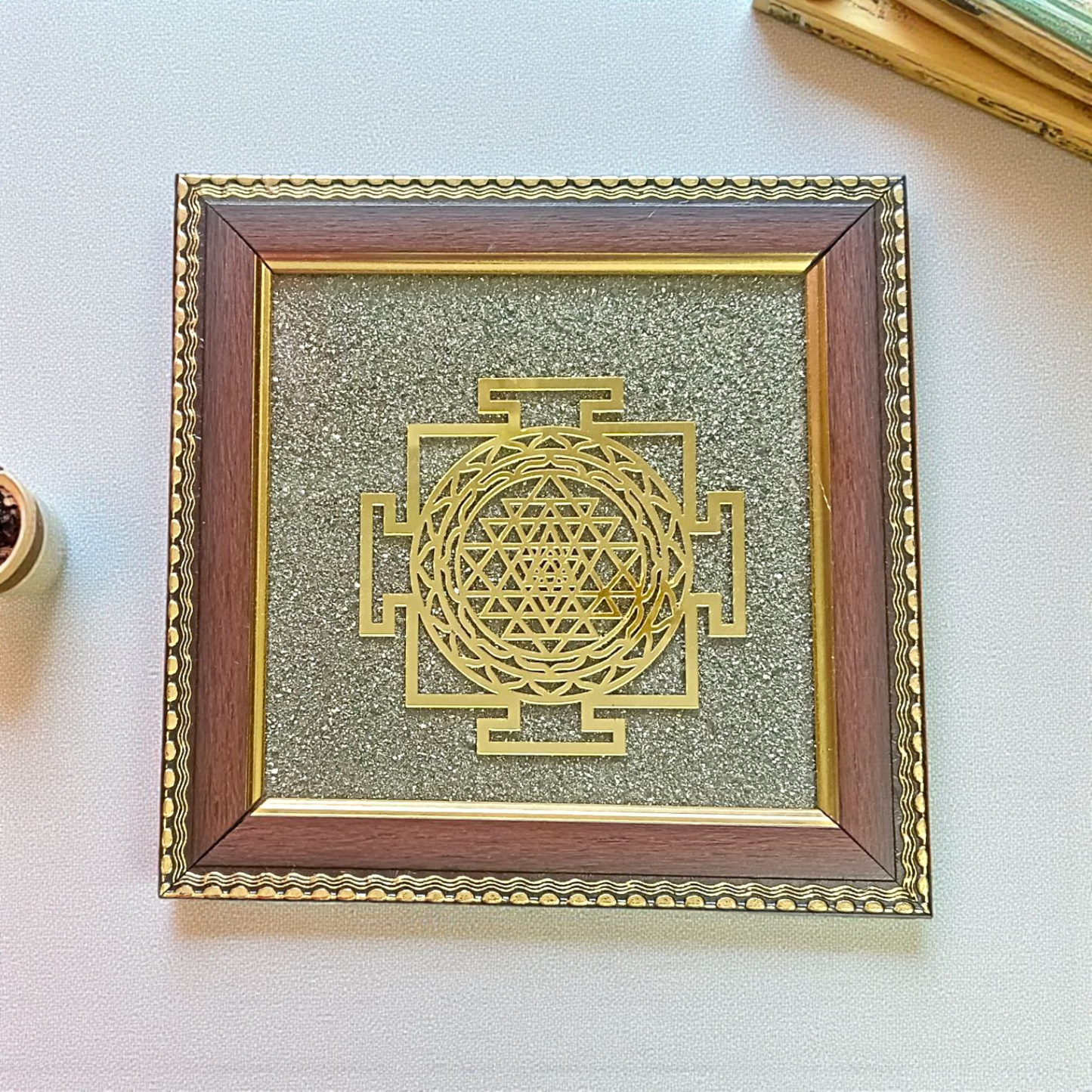 Shree Yantra on Raw Pyrite Wall Frame – 7x7 Inch Wooden Vastu Photo Frame for Home, Office, and Pooja Room Decor