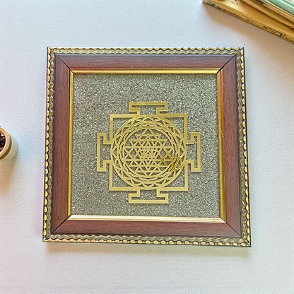 Shree Yantra on Raw Pyrite Wall Frame – 7x7 Inch Wooden Vastu Photo Frame for Home, Office, and Pooja Room Decor