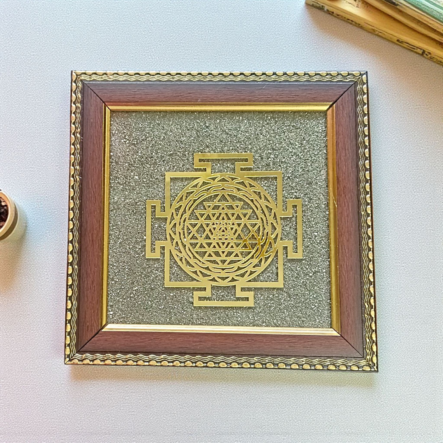 Shree Yantra on Raw Pyrite Wall Frame – 7x7 Inch Wooden Vastu Photo Frame for Home, Office, and Pooja Room Decor