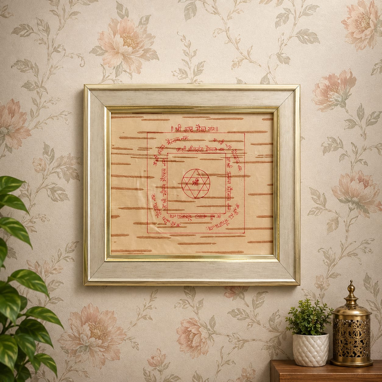 Shri Asht Bhairav Yantra on Bhojpatra Wooden Frame 19x22CM for Protection, Spiritual Shield & Vastu Remedies