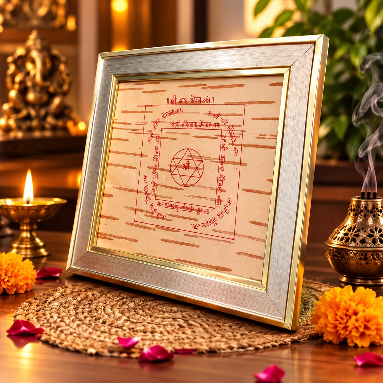 Shri Asht Bhairav Yantra on Bhojpatra Wooden Frame 19x22CM for Protection, Spiritual Shield & Vastu Remedies