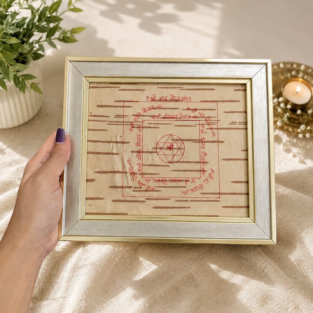 Shri Asht Bhairav Yantra on Bhojpatra Wooden Frame 19x22CM for Protection, Spiritual Shield & Vastu Remedies