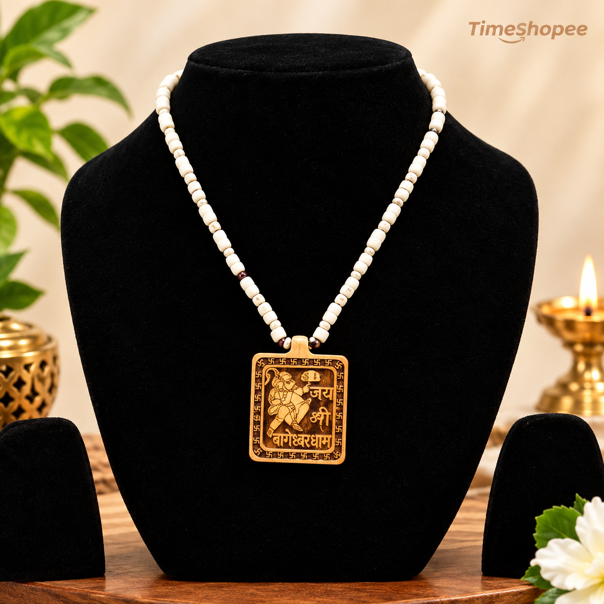 Shri Bageshwar Dham Tulsi Wood Locket in Tulsi Mala, 100% pure, available at Timeshopee.