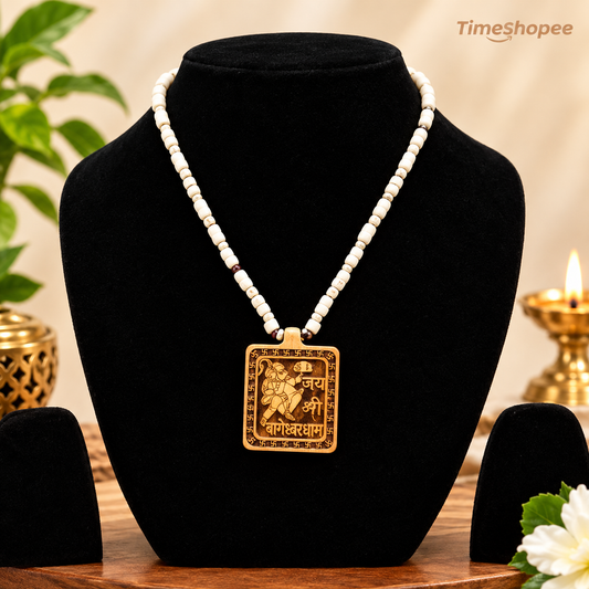 Shri Bageshwar Dham Tulsi Wood Locket in Tulsi Mala, 100% pure, available at Timeshopee.
