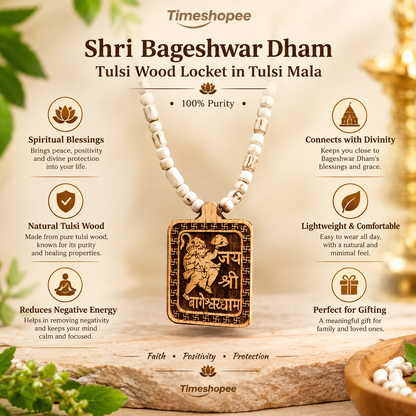 Shri Bageshwar Dham Tulsi Wood Locket in Tulsi Mala, 100% pure, available at Timeshopee.