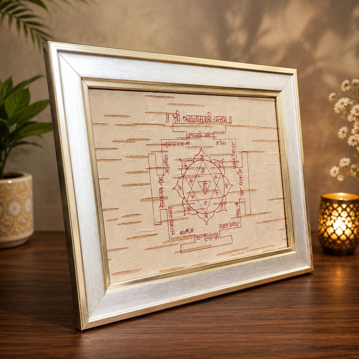 Shri Baglamukhi Yantra 19x24CM Bhojpatra Wooden Frame for Protection