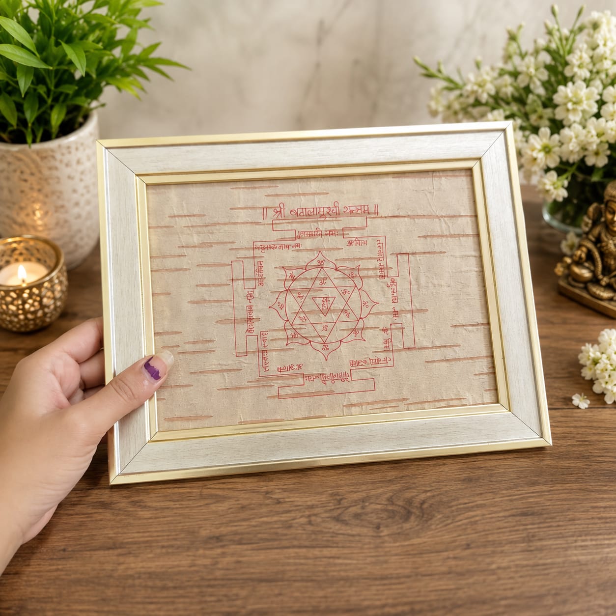 Shri Baglamukhi Yantra 19x24CM Bhojpatra Wooden Frame for Protection