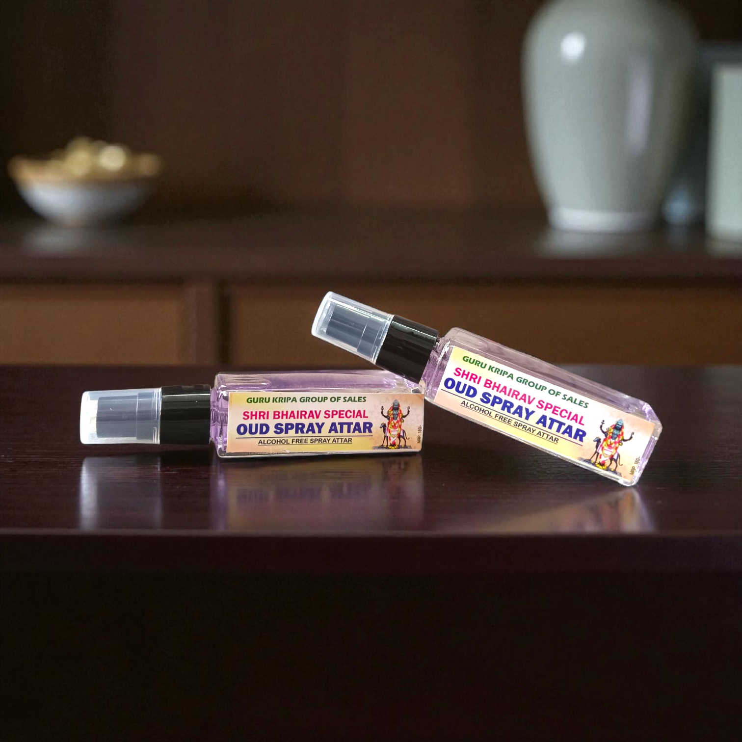 Shri Bhairav OUD Spray Attar 25ML bottle with elegant packaging, alcohol-free long-lasting attar for daily and spiritual use – available at Timeshopee