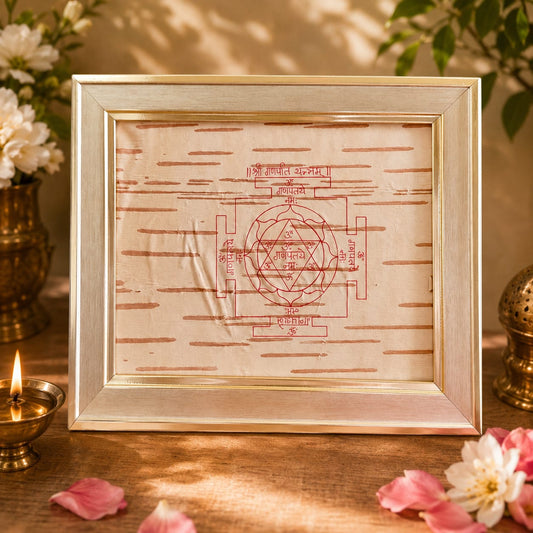 Shri Ganpati Yantra 19x24CM handmade Bhojpatra wooden frame for success prosperity puja
