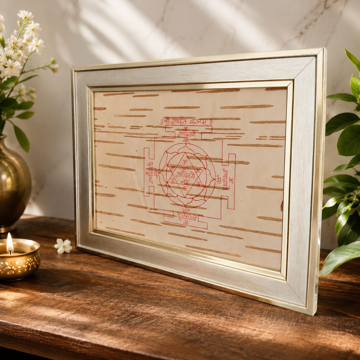Shri Ganpati Yantra 19x24CM handmade Bhojpatra wooden frame for success prosperity puja