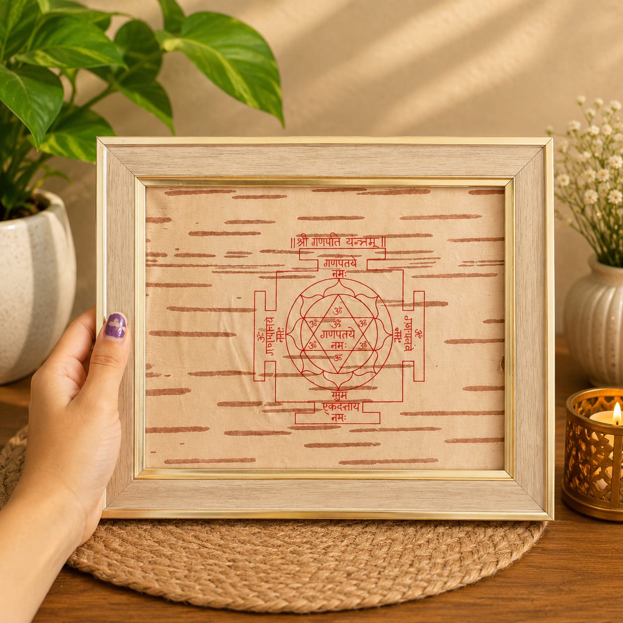 Shri Ganpati Yantra 19x24CM handmade Bhojpatra wooden frame for success prosperity puja