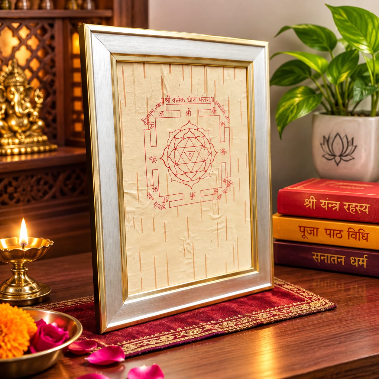 Shri Kanak Dhara Yantra 19x24CM Bhojpatra framed yantra for wealth prosperity and puja