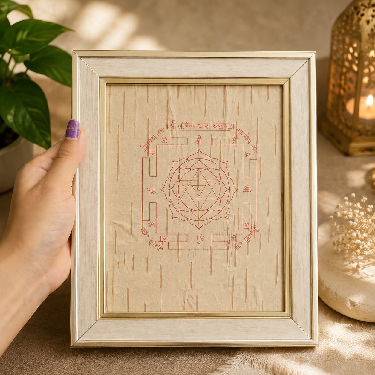 Shri Kanak Dhara Yantra 19x24CM Bhojpatra framed yantra for wealth prosperity and puja