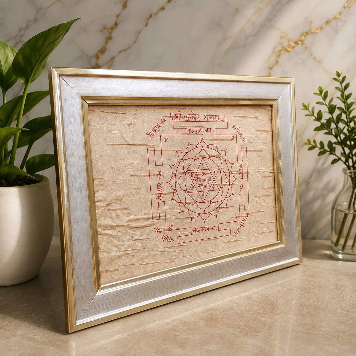 Shri Kuber Yantra 19x24CM on Bhojpatra with Wooden Frame for Wealth Protection