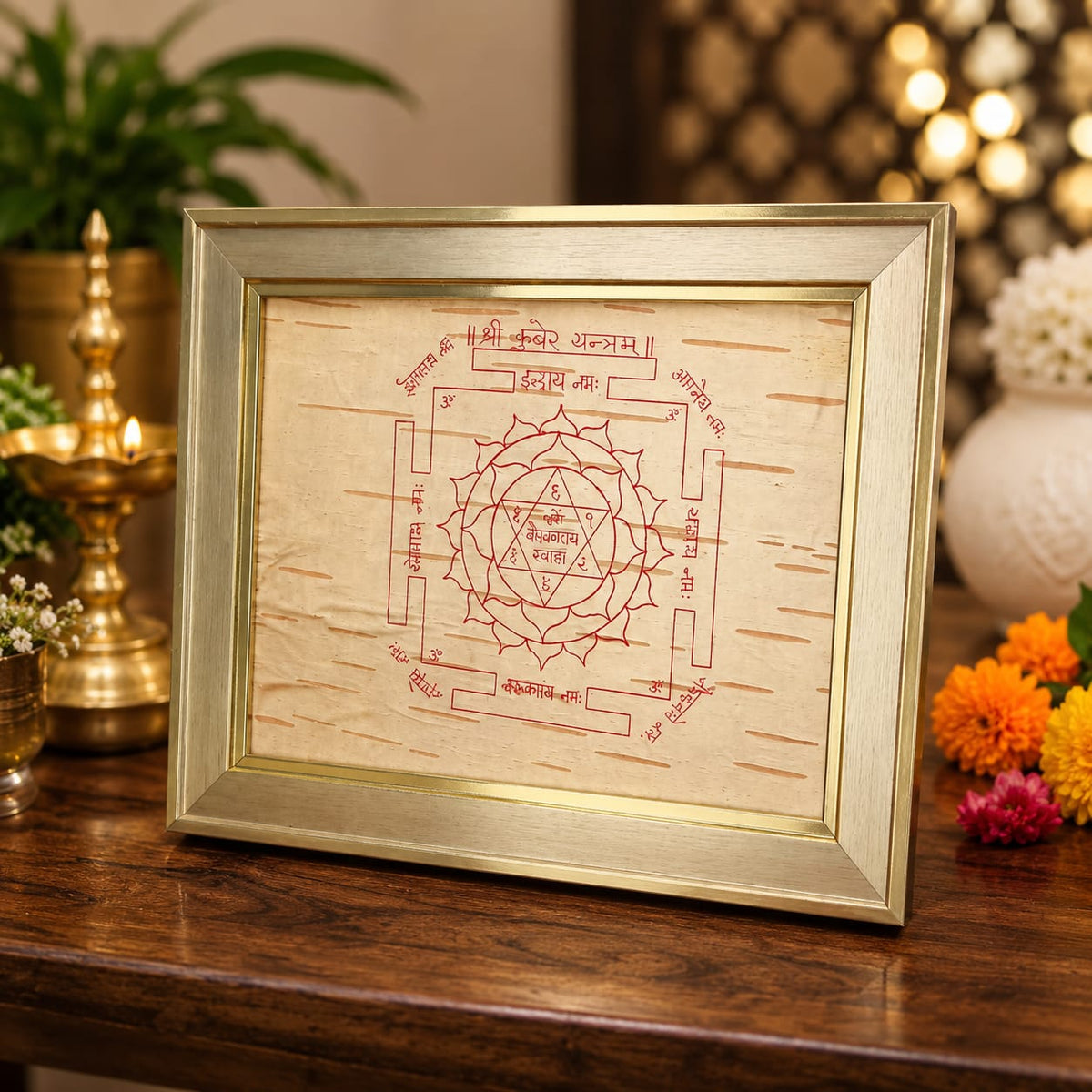 Shri Kuber Yantra 19x24CM on Bhojpatra with Wooden Frame for Wealth Protection