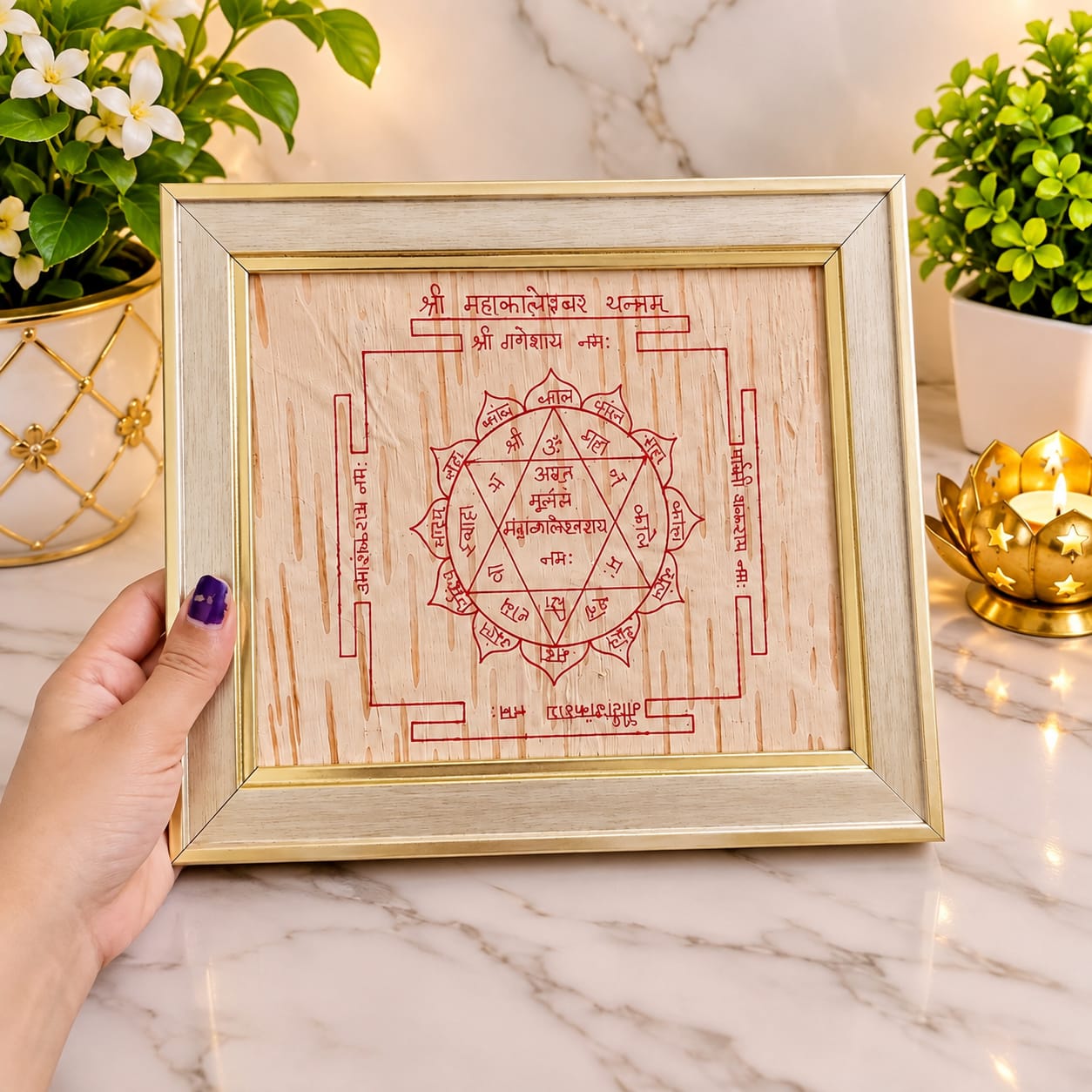 Shri Mahakaleshwar Yantra 19x24CM handmade Bhojpatra wooden frame for spiritual protection and pooja