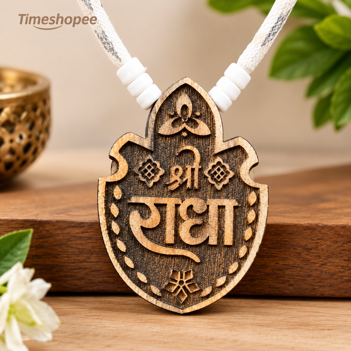 Shri Radha Tulsi Wood Locket in Tulsi Mala, 100% pure, available at Timeshopee.