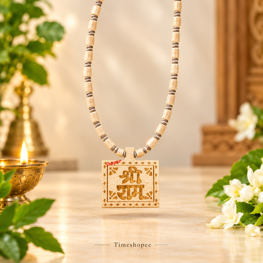 Shri Ram Tulsi Wood Locket in Tulsi Mala, handcrafted with 100% pure Tulsi wood, available at Timeshopee.