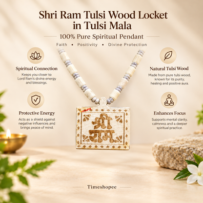 Shri Ram Tulsi Wood Locket in Tulsi Mala, handcrafted with 100% pure Tulsi wood, available at Timeshopee.