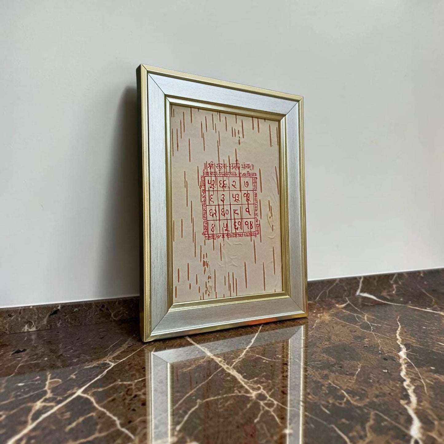 Shri Sukh Samridhi Yantra handmade on Bhojpatra with wooden frame for wealth prosperity abundance Vastu positivity and spiritual blessings
