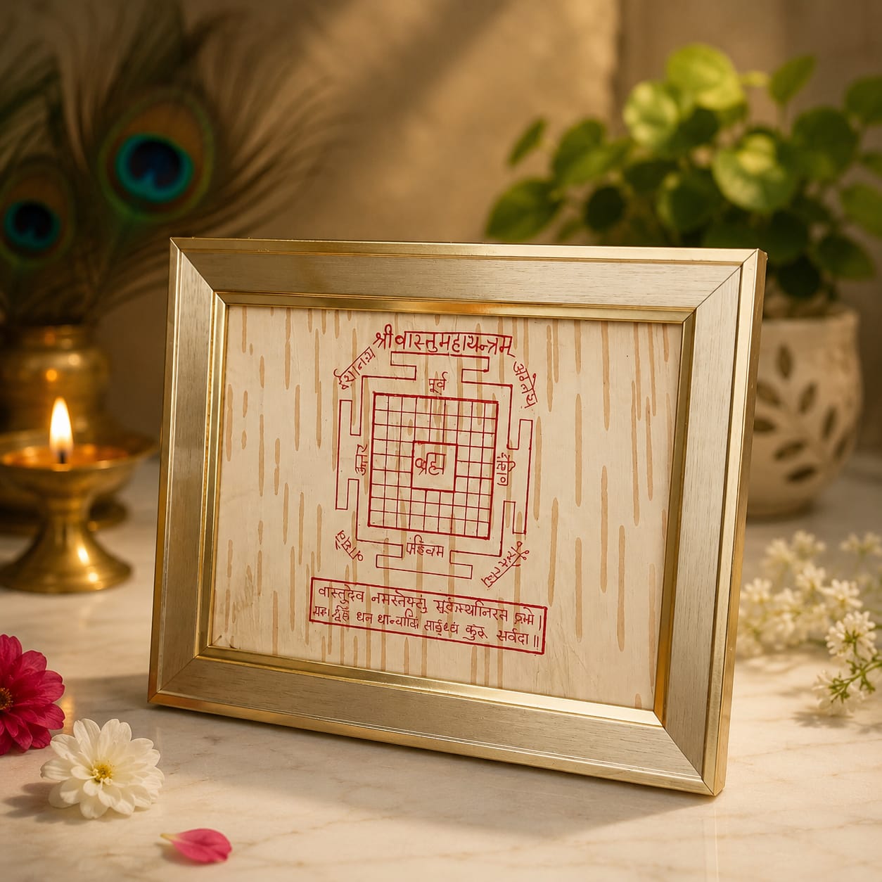 Shri Vastu Maha Yantra 19x24CM Bhojpatra Wooden Frame for Vastu and Positive Energy