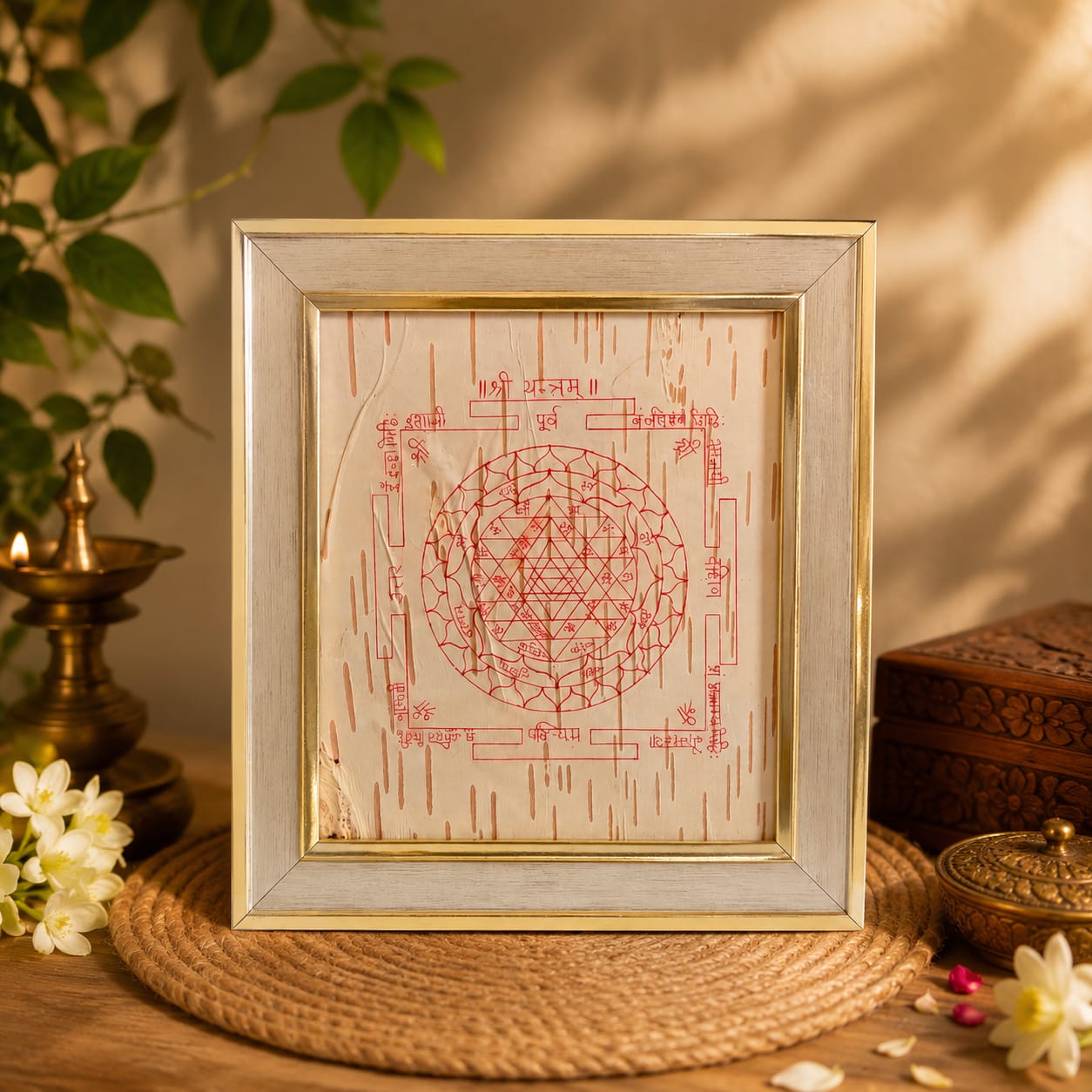 Shri Yantra on Bhojpatra Wooden Frame 19x21CM for Wealth, Protection, Prosperity and Vastu Remedies
