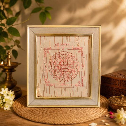 Shri Yantra on Bhojpatra Wooden Frame 19x21CM for Wealth, Protection, Prosperity and Vastu Remedies