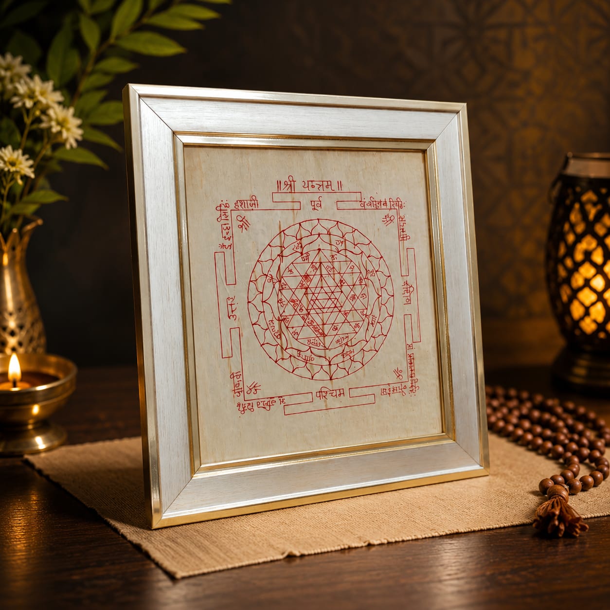 Shri Yantra on Bhojpatra Wooden Frame 19x21CM for Wealth, Protection, Prosperity and Vastu Remedies