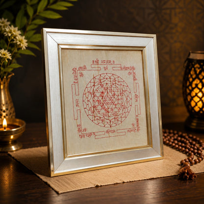 Shri Yantra on Bhojpatra Wooden Frame 19x21CM for Wealth, Protection, Prosperity and Vastu Remedies