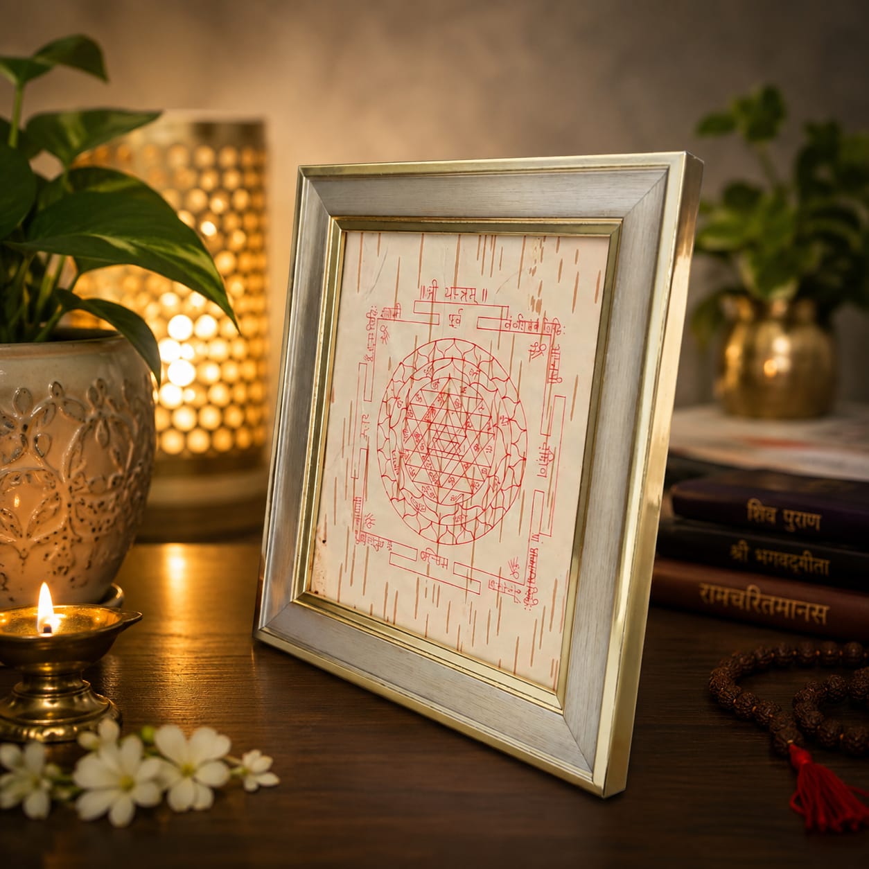 Shri Yantra on Bhojpatra Wooden Frame 19x21CM for Wealth, Protection, Prosperity and Vastu Remedies