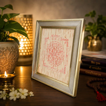 Shri Yantra on Bhojpatra Wooden Frame 19x21CM for Wealth, Protection, Prosperity and Vastu Remedies