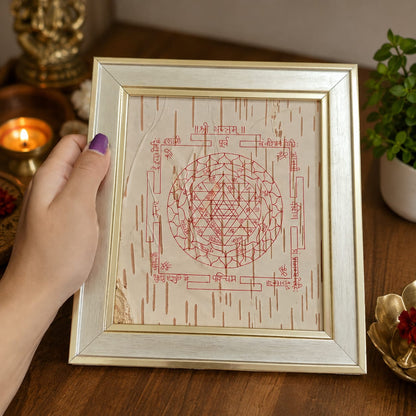 Shri Yantra on Bhojpatra Wooden Frame 19x21CM for Wealth, Protection, Prosperity and Vastu Remedies