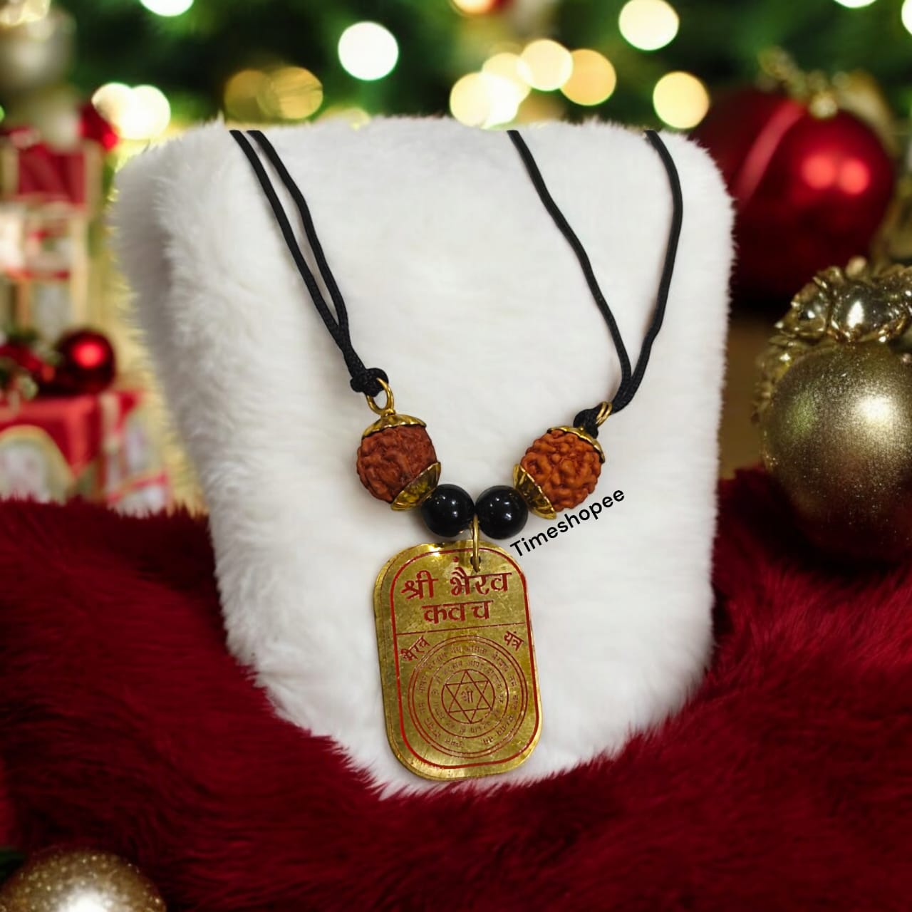 Sidh Bhairav Kavach featuring pure copper locket with 5 Mukhi Rudraksha and Black Agate beads on a black thread by Timeshopee