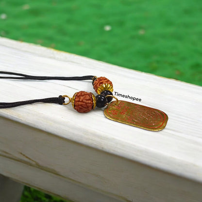 Sidh Bhairav Kavach featuring pure copper locket with 5 Mukhi Rudraksha and Black Agate beads on a black thread by Timeshopee