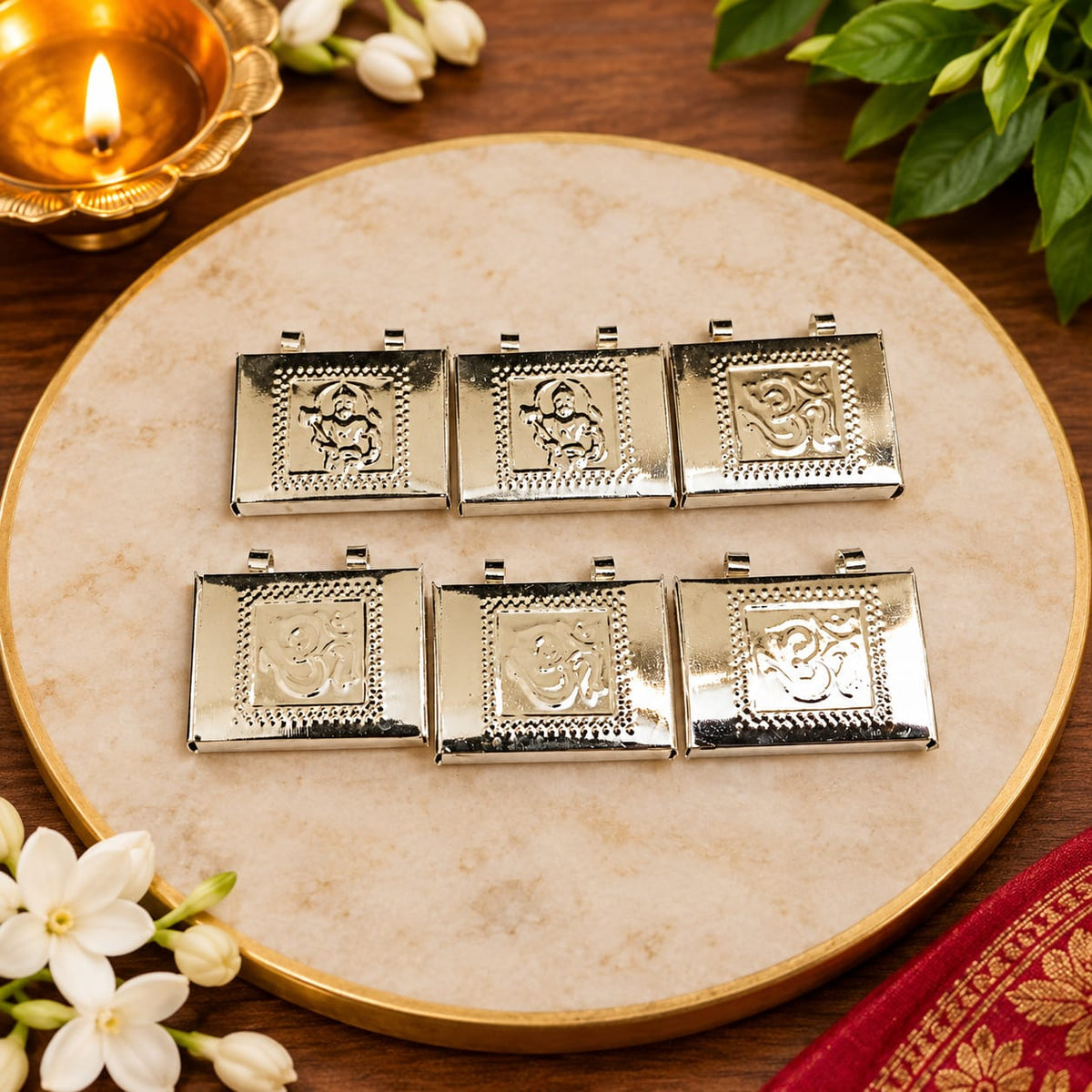 Silver Hanuman Ji and Om Taweez Pendant Set of 6 for Daily Wear and Spiritual Devotion
