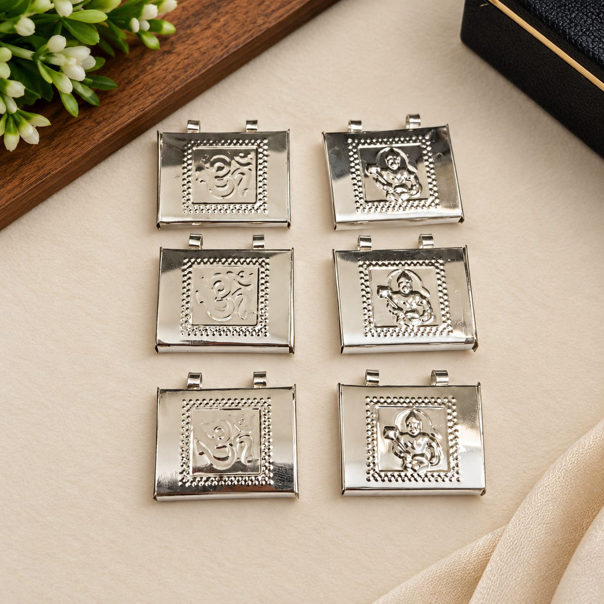 Silver Hanuman Ji and Om Taweez Pendant Set of 6 for Daily Wear and Spiritual Devotion