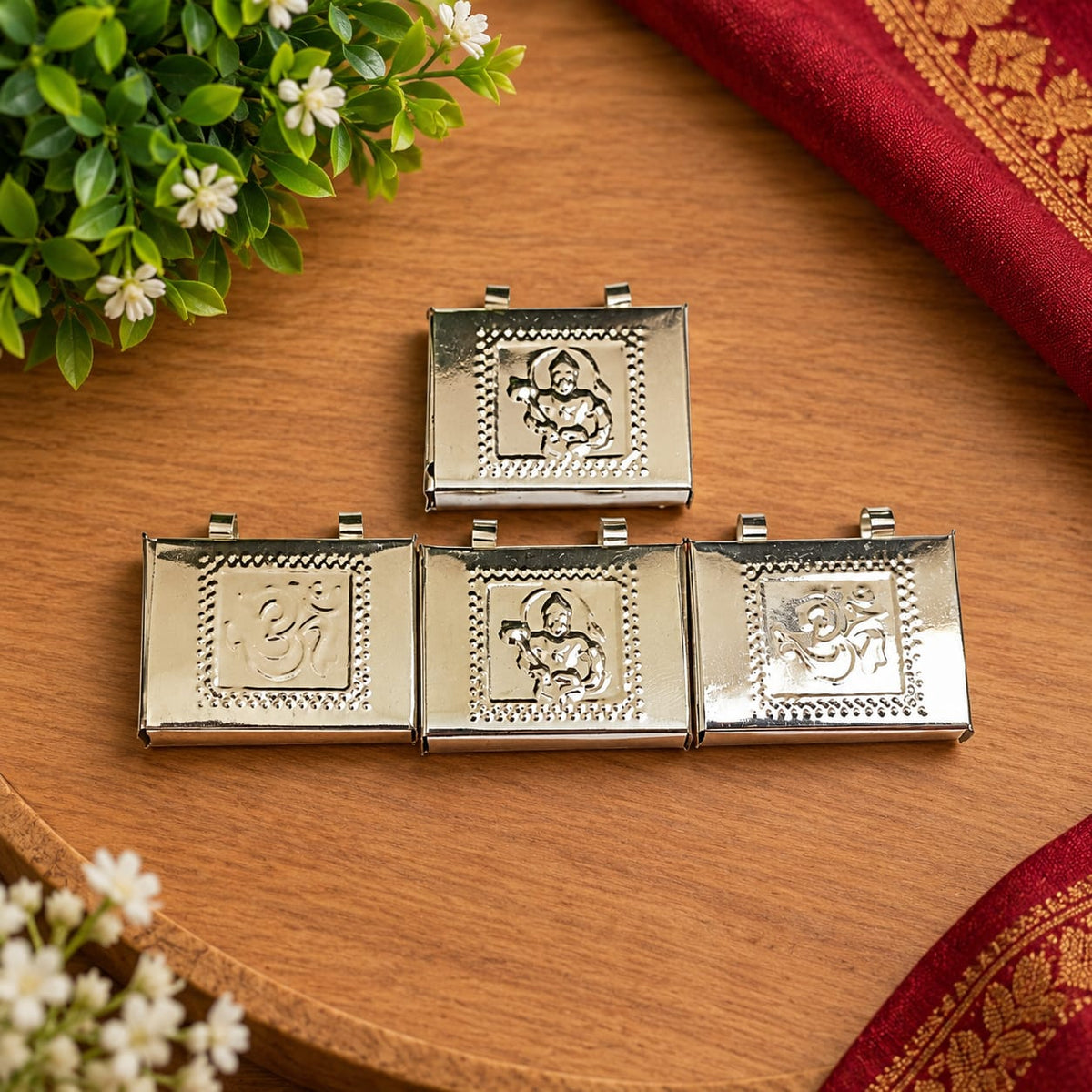 Silver Hanuman Ji and Om Taweez Pendant Set of 6 for Daily Wear and Spiritual Devotion