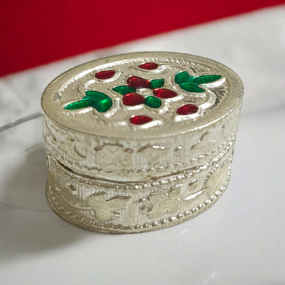 Silver Sindoor Box for Wedding with dimensions and certificate, showcasing a compact and elegant design suitable for home temples and return gifts.