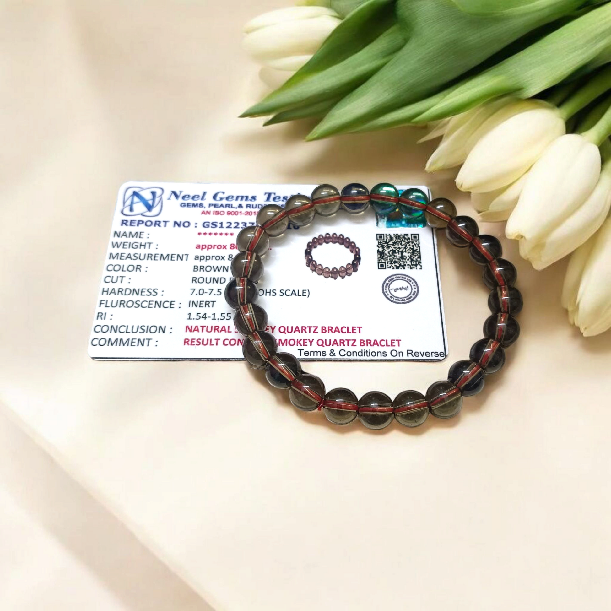 Stretchable Natural Smokey Quartz Bracelet made with 8mm round beads, suitable for men and women, displayed on a white background