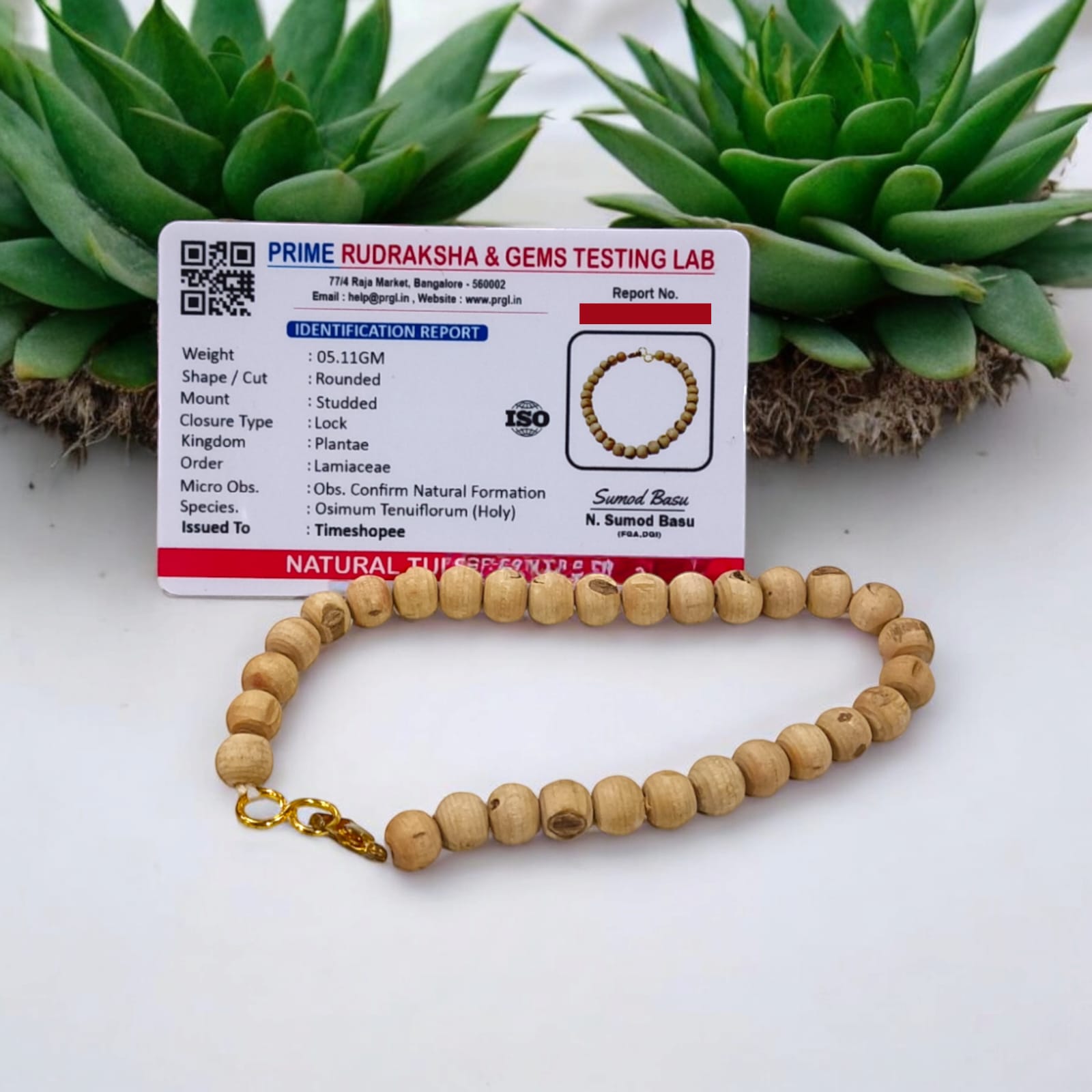 Tulsi Bracelet with 5-6mm Round Lab Certified Beads | Timeshopee