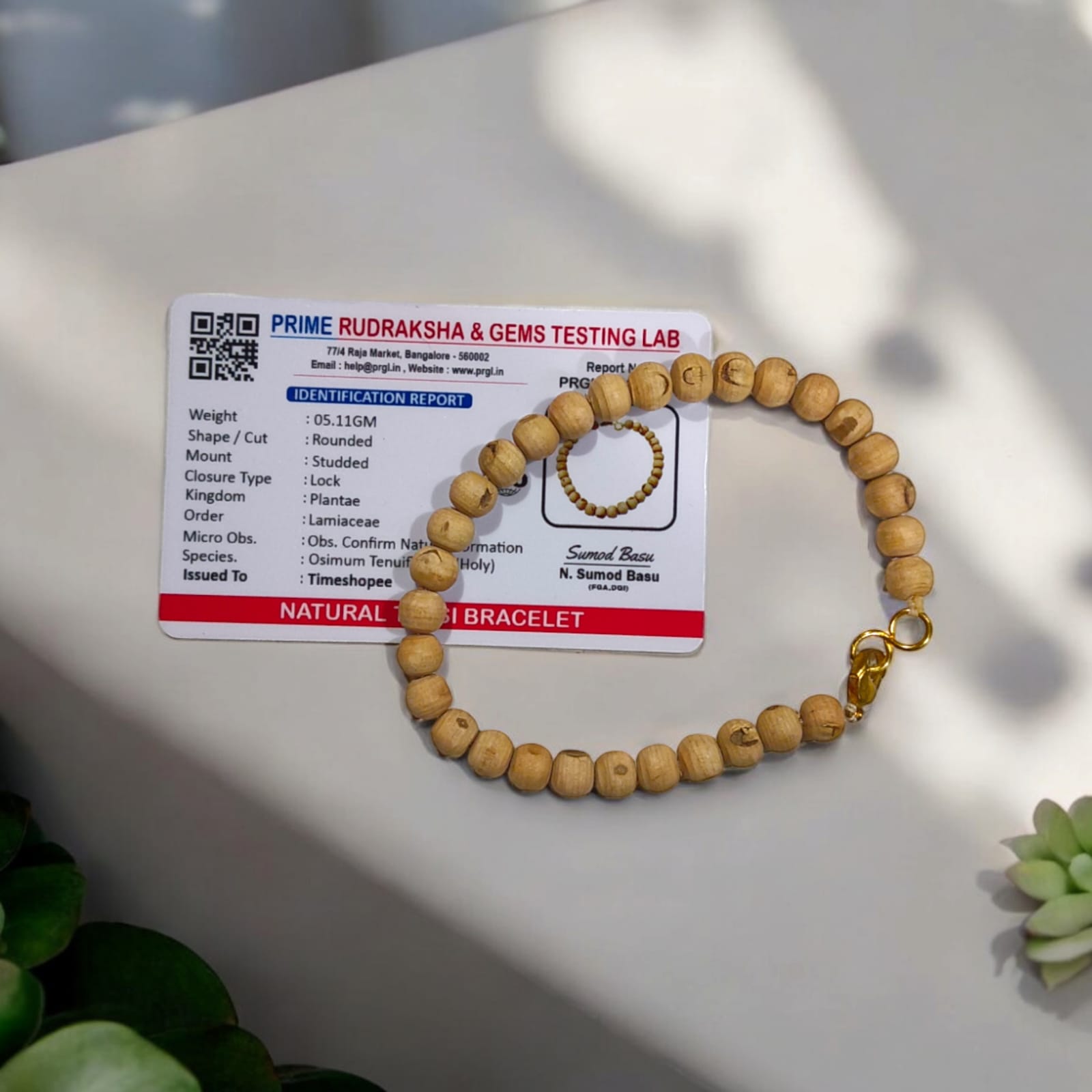 Tulsi Bracelet with 5-6mm Round Lab Certified Beads | Timeshopee