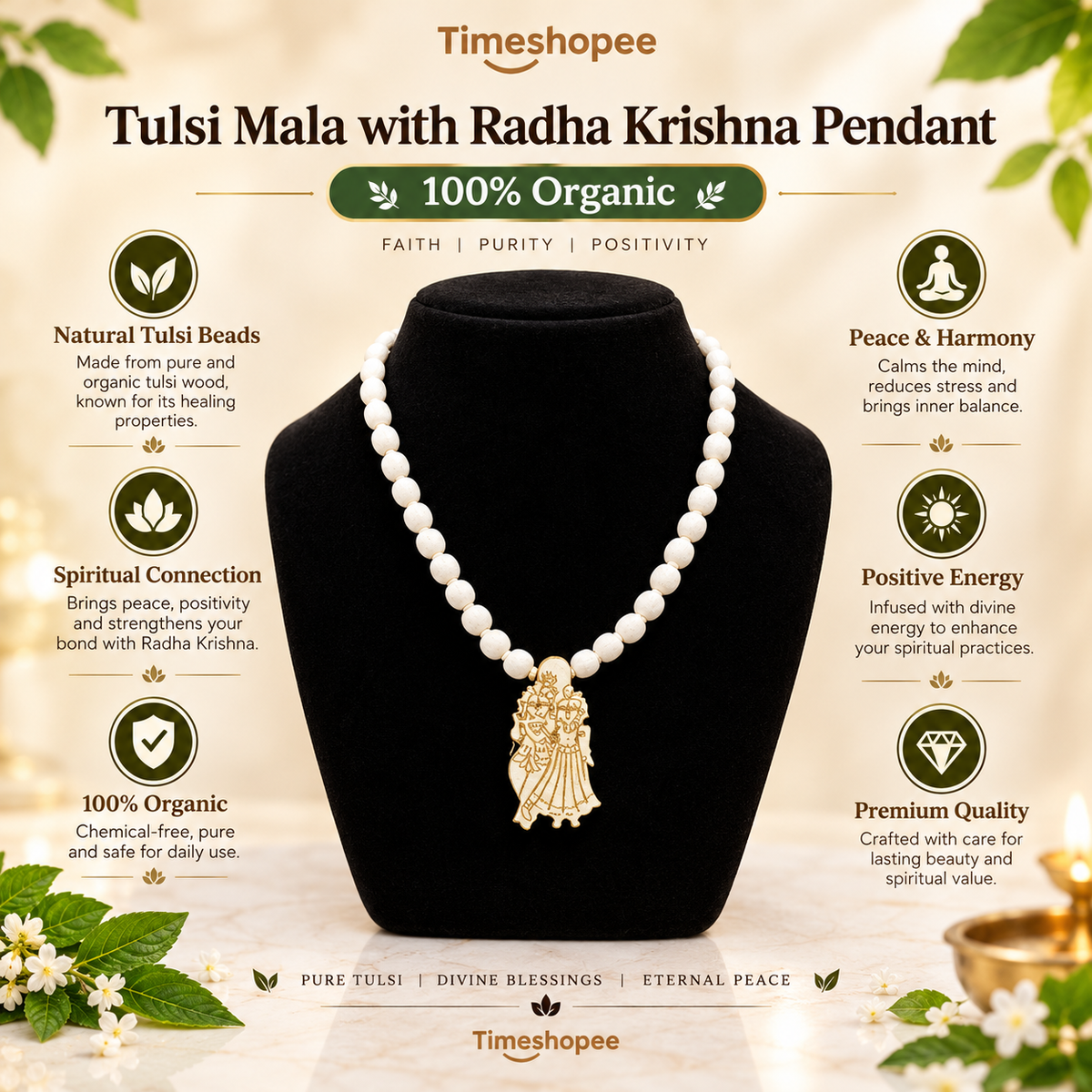 Tulsi Mala with Radha Krishna Pendant | 100% Organic | Timeshopee