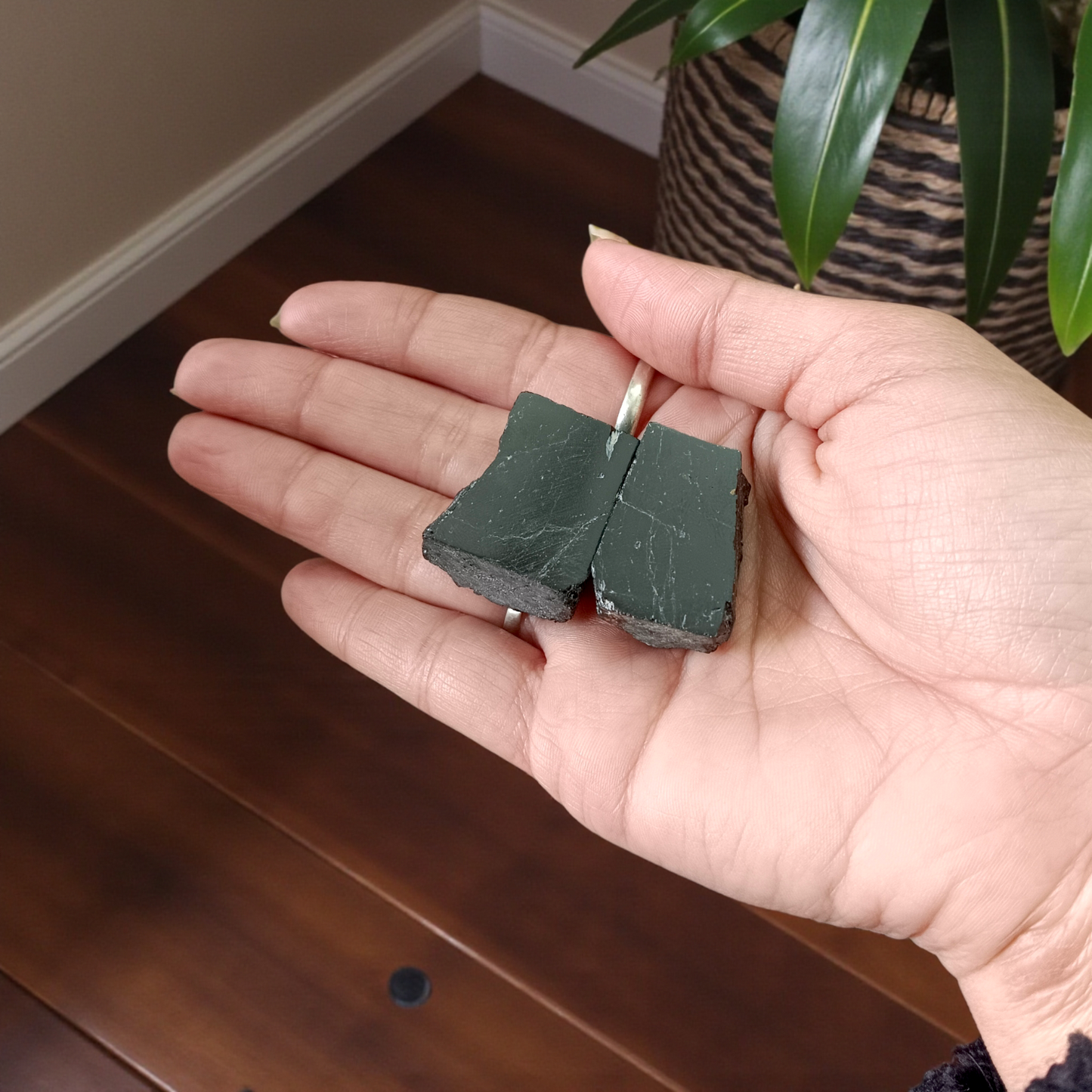 Two polished black Tourmaline stones with smooth texture, placed side by side, symbolizing protection, grounding, and Root Chakra energy